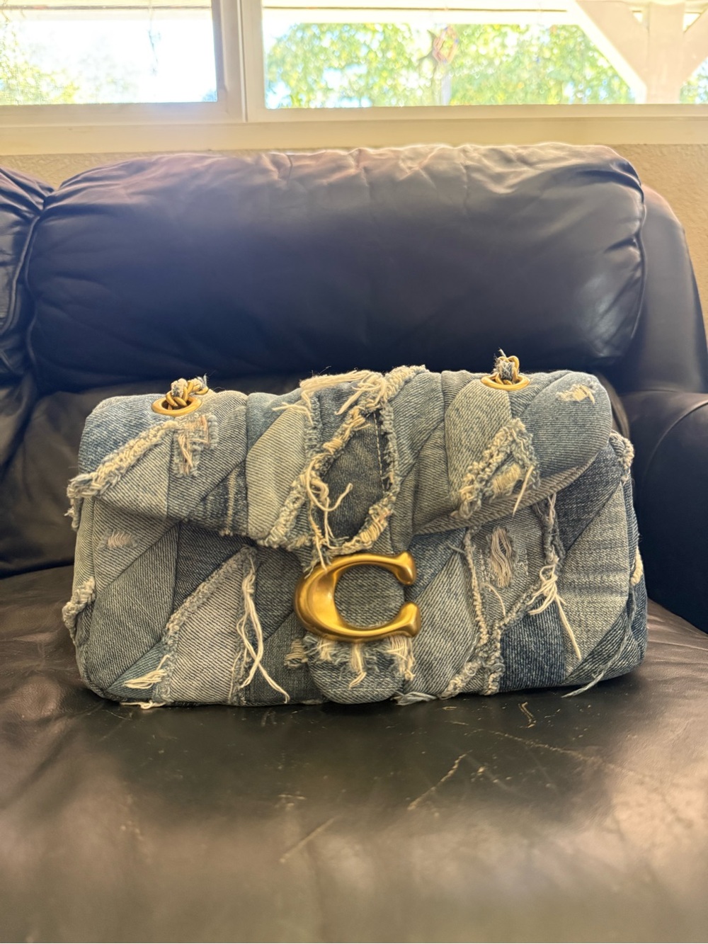 Coach Quilted Distressed Denim Shoulder Bag with Gold 'C'